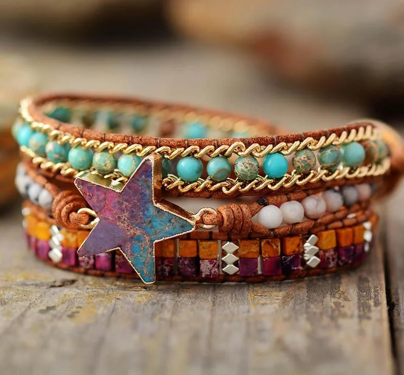 Gemstone - Studded Wrap Bracelets in Amethyst and TopazAgate and Jasper Star Charm Wrap Bracelet