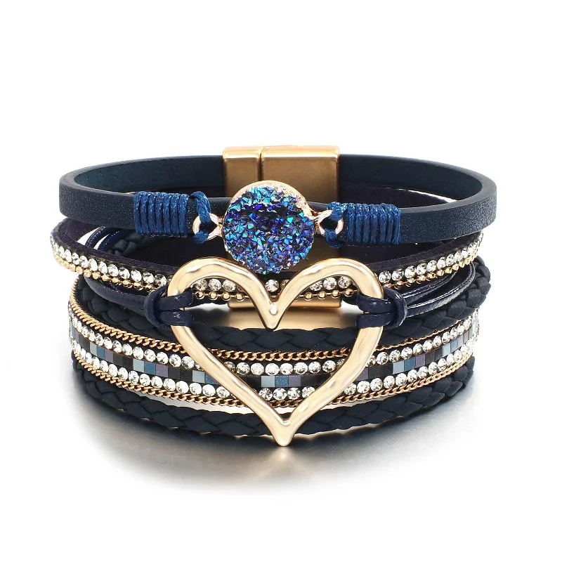 Women's Beaded Cuff Bracelets in Bohemian Style with Multiple Colors for a Summer Look'Dalgu' Heart Charm Cuff Bracelet - blue