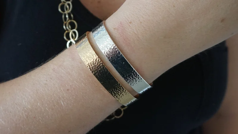 Women's Sterling Silver Cuff Bracelets with Engraved Floral Patterns for a Romantic LookYellow & Silver Wide Hammered Cuff Set