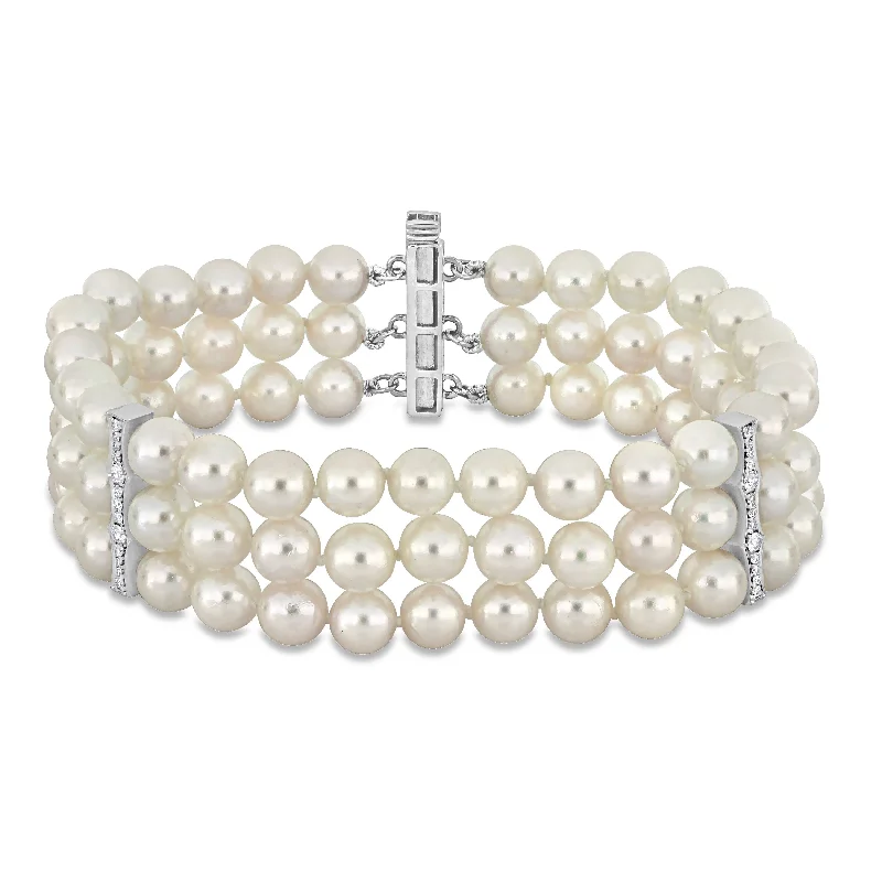 Cultured Akoya Pearl Bracelet with Sterling Silver Clasp for Timeless EleganceMiadora 3-Strand 3/8ct TDW Diamond and 6-6.5mm White Japanese Akoya Pearl Bracelet 14k White Gold Clasp