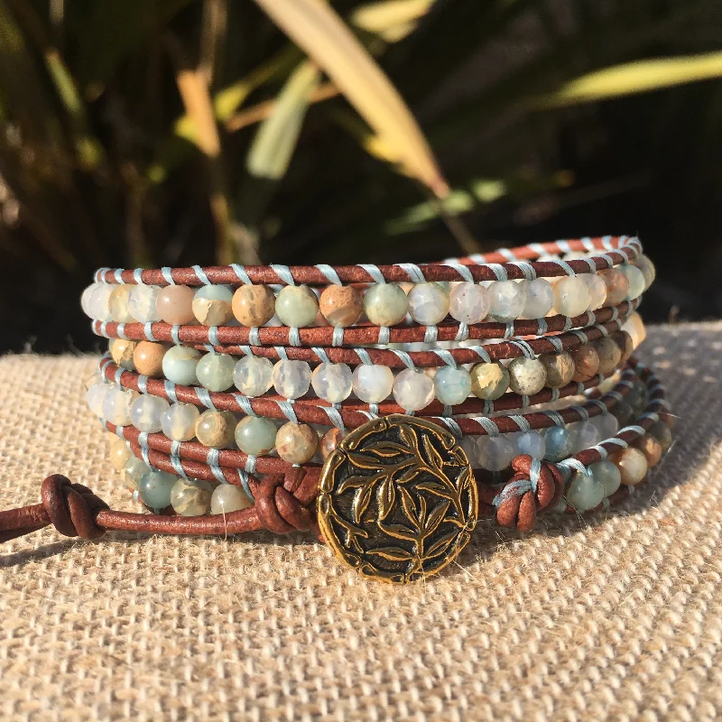 Wrap Bracelets with Engraved Initials for a Personalized Gift4-Wrap Bracelet - Water Agate and African Opal