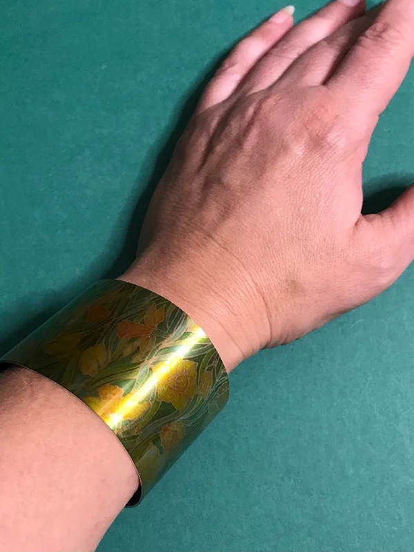 Adjustable Women's Elastic Cuff Bracelets with Pearl Accents for a Feminine TouchDaffodil’s Cuff Bracelet - Comtemporary Vibrant Yellow Green Bangle - easy wear lightweight aluminium.