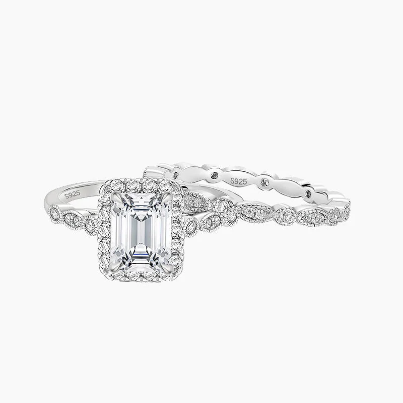 Adjustable Engagement Rings with a Flexible Band and a Princess - Cut Center Diamond925 Sterling Silver Emerald Cut Cubic Zirconia Ring Set