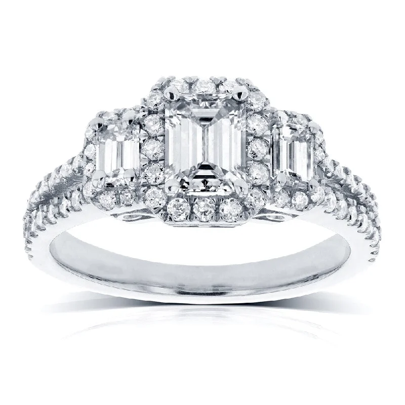 Laser - Etched Floral Design Wedding Bands in Palladium for a Delicate and Intricate LookAnnello by Kobelli 14k White Gold 1 3/4ct TDW Three Stone Halo Emerald Diamond Split Shank Engagement Ring