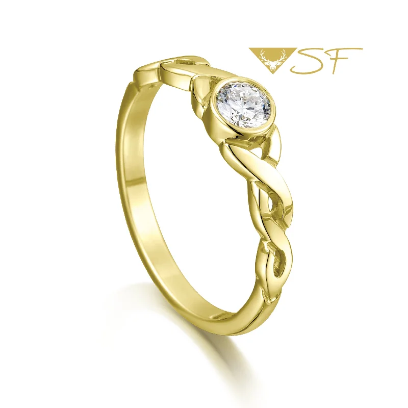 Oval Cut Engagement Rings in Palladium with a Hidden Halo for a Surprise SparkleCeltic Twist 0.22ct Diamond Solitaire Ring in 18ct Yellow Scottish Gold