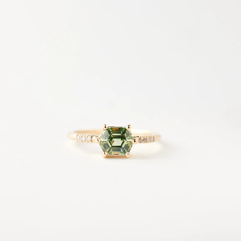 Marquise Cut Engagement Rings with a Channel - Set Diamond BandLexi Ring - 1.09 Carat Green Yellow Hexagon Sapphire