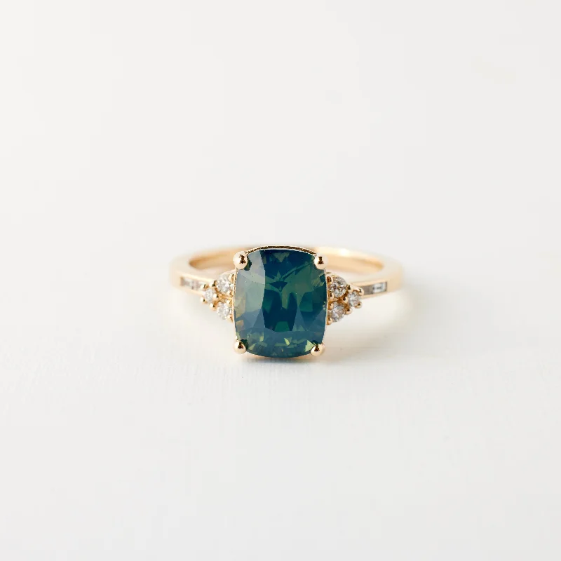 Marquise Cut Engagement Rings with a Channel - Set Diamond BandMarigold ring - 3.47 Carat Teal Opalescent Cushion Sapphire