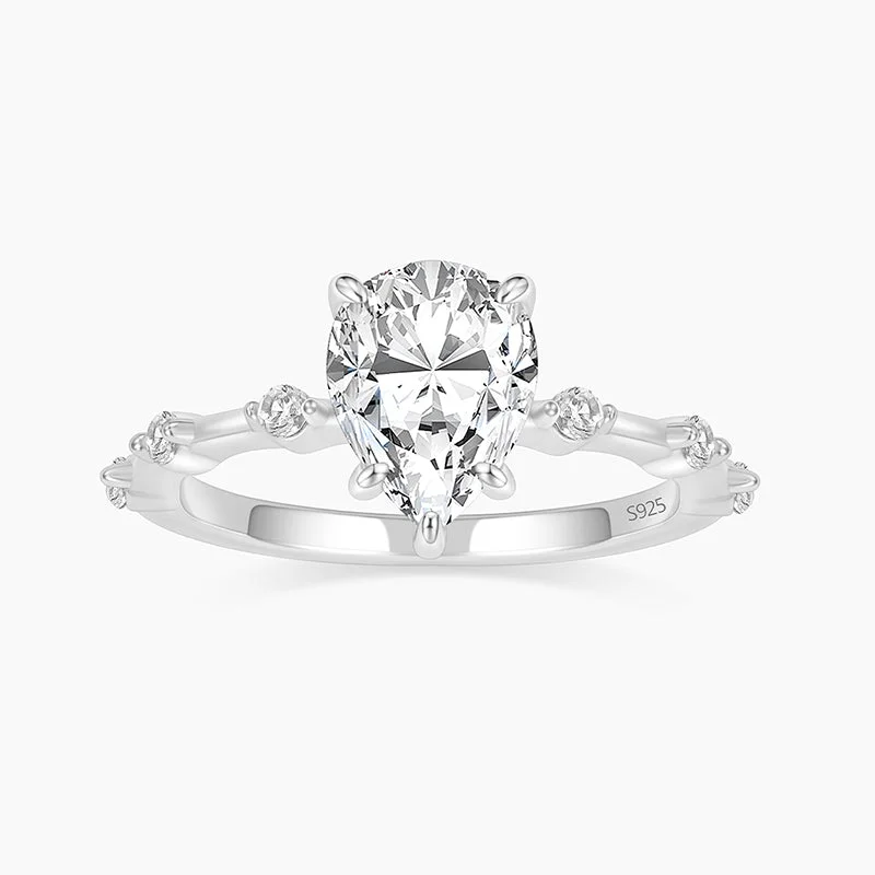 Emerald Cut Engagement Rings with Platinum Gallery and Split Shank DesignS925 Pear Cut Engagement Ring