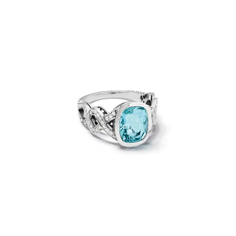 Adjustable Engagement Rings with a Flexible Band and a Princess - Cut Center DiamondSerpentine Ring 18ct White Gold - Green Blue Aquamarine & Diamond