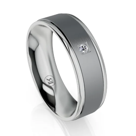 Men's Tungsten Carbide Wedding Bands with a Matte Finish and Grooved Details for a Modern and Durable OptionThe Kingsley Tantalum & Platinum Wedding Ring with White Diamond