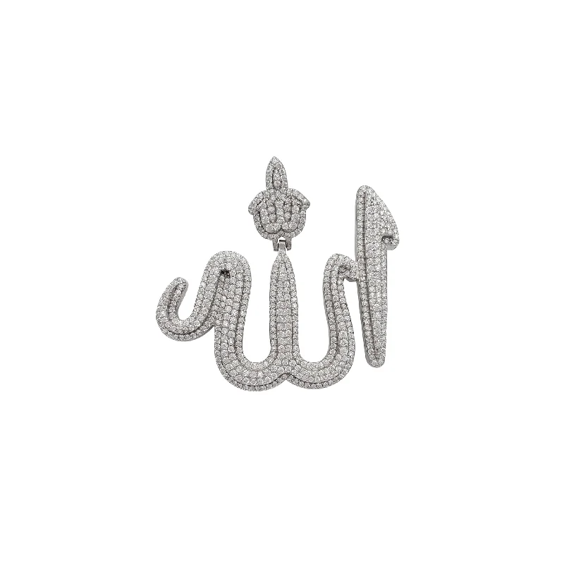 Pave - Set Cubic Zirconia Crown Pendant Necklace for Little Princess - Themed Birthday PartiesIced-Out Allah Pendant (Silver)